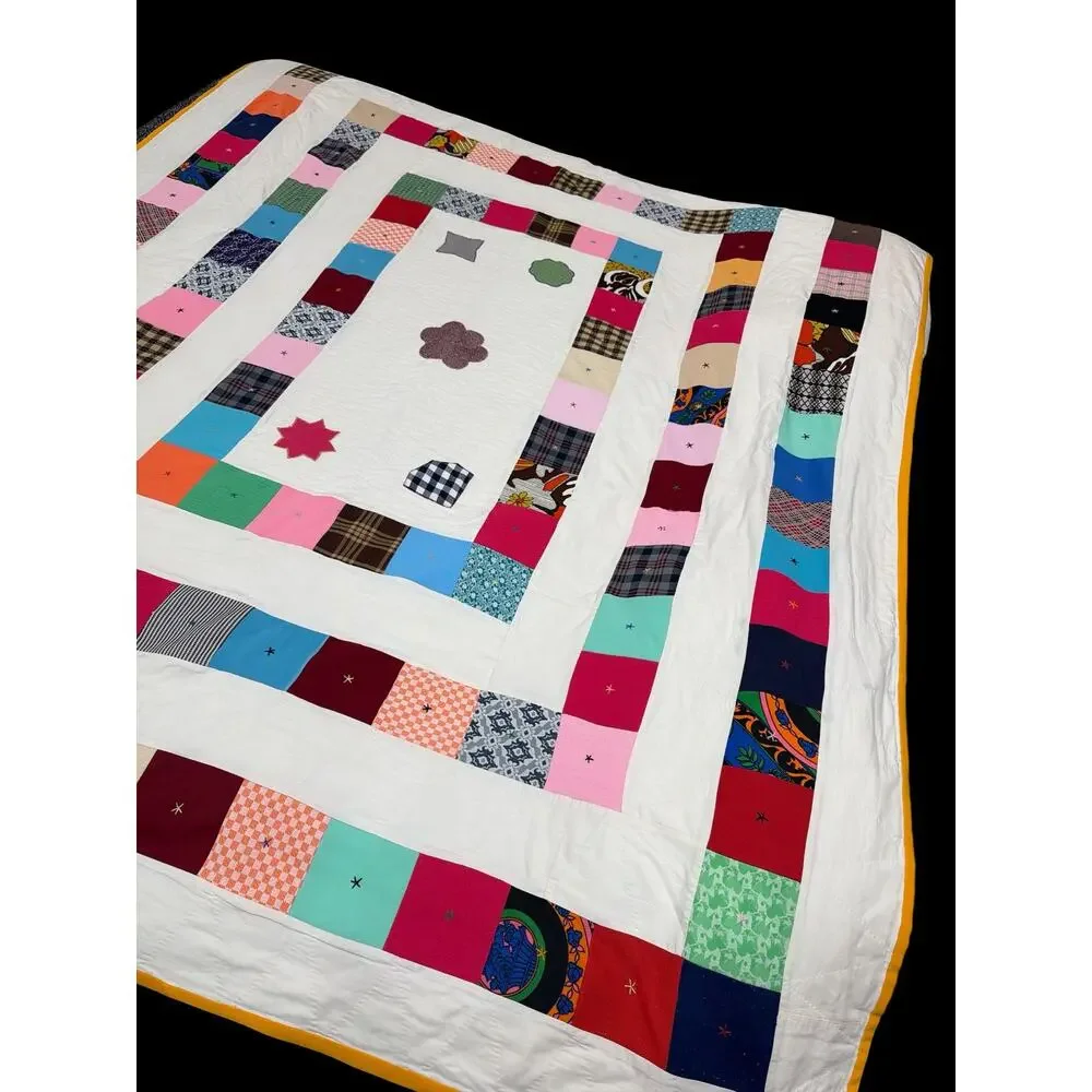 Vintage Handmade Folk Art Patchwork Quilt Hand Quilted Memory Quilt 68x84